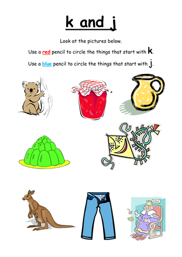 Sort the pictures by initial sounds k or j