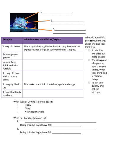 Coraline Diary Entry Help Sheet