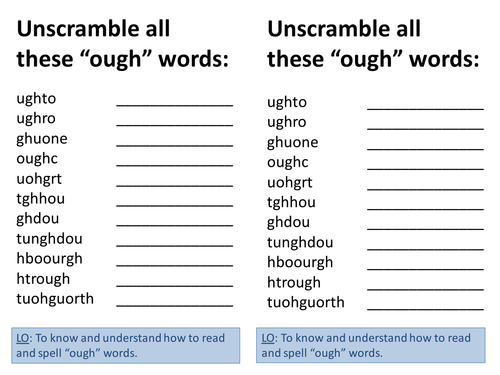 ough spelling words unscramble
