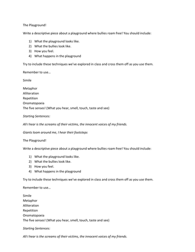 The Playground/Bully writing frame