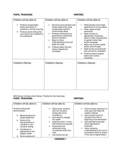 Student Tracking and Assessment sheet for Writing