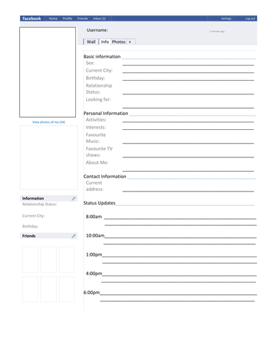 FaceBook Page Template Character Analysis | Teaching Resources