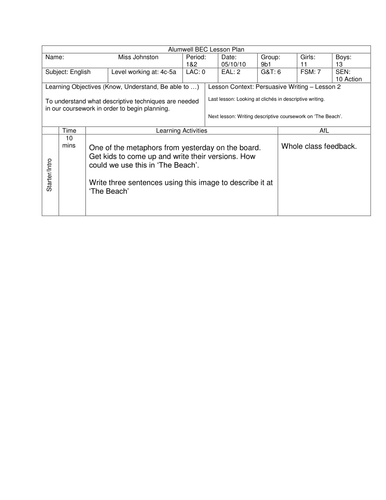 Persuasive Writing - planning for coursework