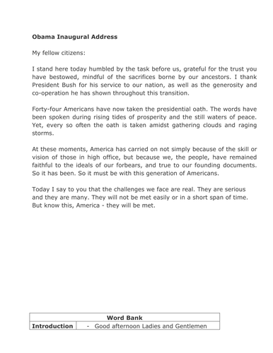 Obama's Inaugural Address and Word bank
