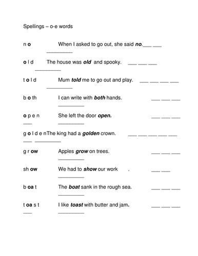 o-e spelling sheet 1 | Teaching Resources