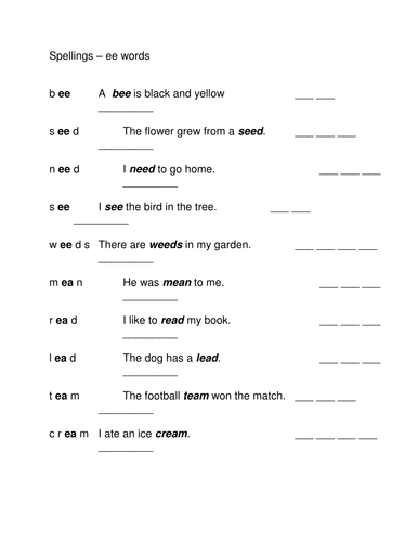 ee words spelling sheet