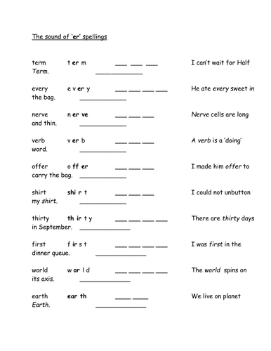 "Er" word spelling sheets