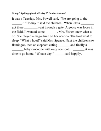 oo ew spellings and cloze to test