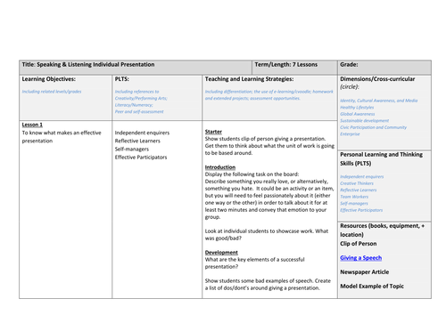 Speaking and Listening Scheme of Work