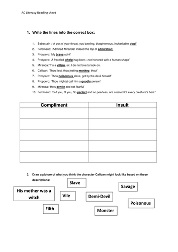 Literacy Sheet - The Tempest