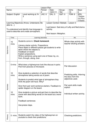 Ballads/literacy - Lesson 3