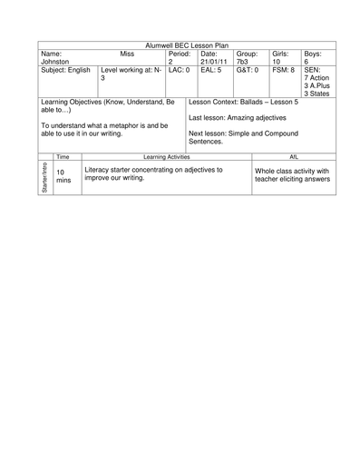 Ballads/Literacy - Lesson 5