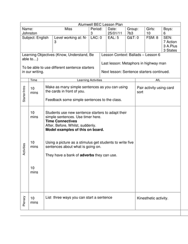 Ballads/Literacy - Lesson 6