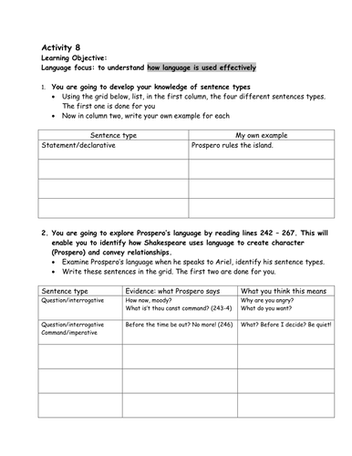 Identifying sentence types in The Tempest