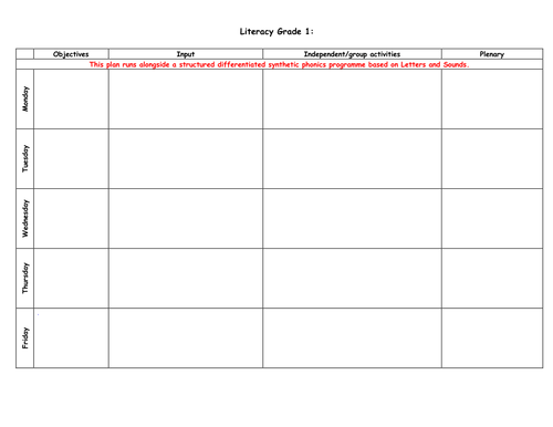 blank template for literacy weekly plan by poodles