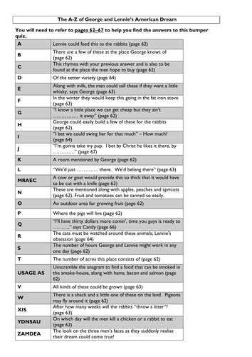 Of Mice and Men A-Z quiz of George &Lennie's Dream