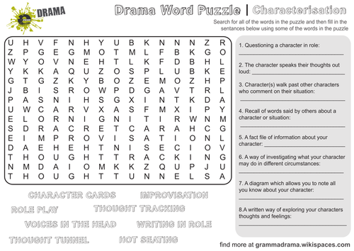 Drama Word Puzzle Activity Sheet with Questions