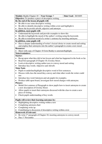 Buddy Lesson plan on Croxley Street