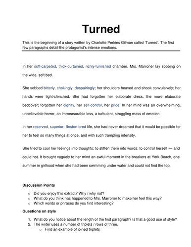 Turned by Gilman- Discuss; Questions; Writing Task