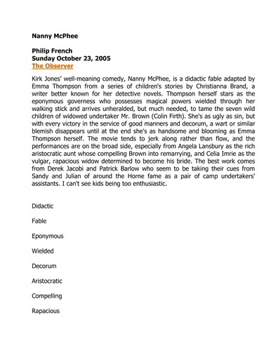 Writing a movie review - Vocabulary handout