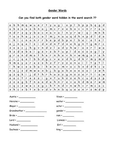 Gender Words~ Word Search