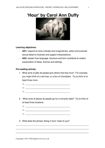 Hour' by Carol Ann Duffy - Teaching Resources