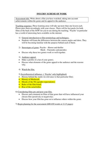 'Psycho' Scheme of Work