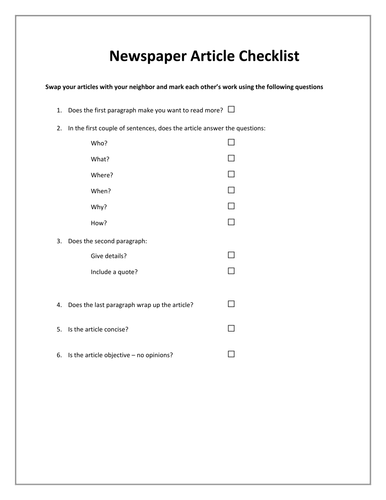 Newspaper Article Checklist