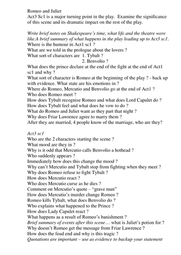Romeo & Juliet questions on Chapter 3 Sc 1