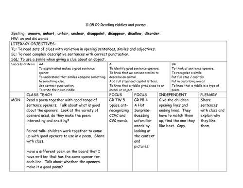 Riddles/ Poetry weekly planning