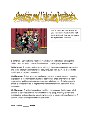 S+L/Drama Assessment sheets - suited to all tasks