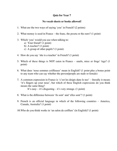 Quiz  - French & general knowledge