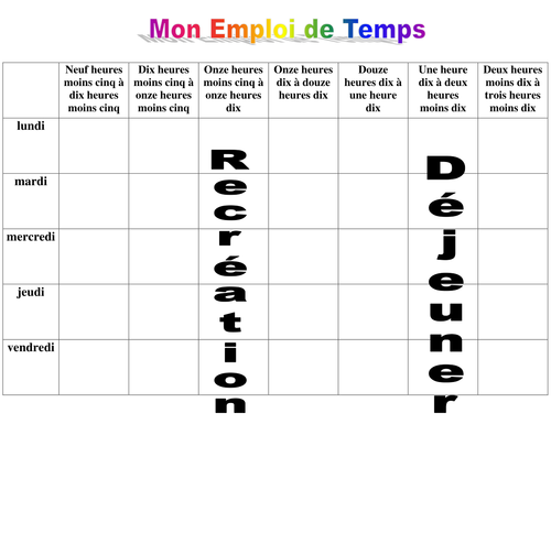 Blank timetable - fill in subjects in French