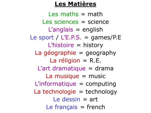 List of school subjects in french & english