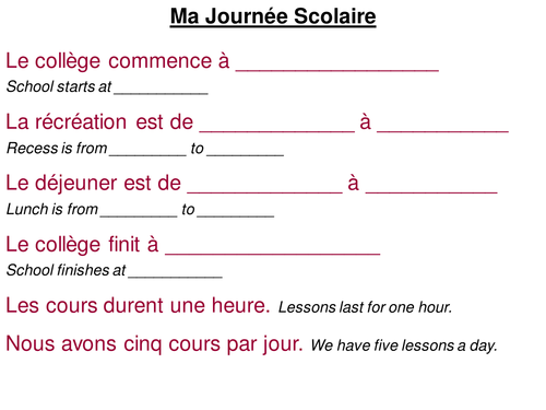 Vocab for describing the school day