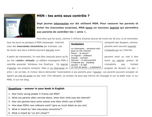 Article & questions about MSN & online safety