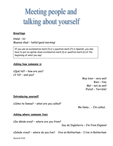Vocab sheet - greetings & introducing yourself