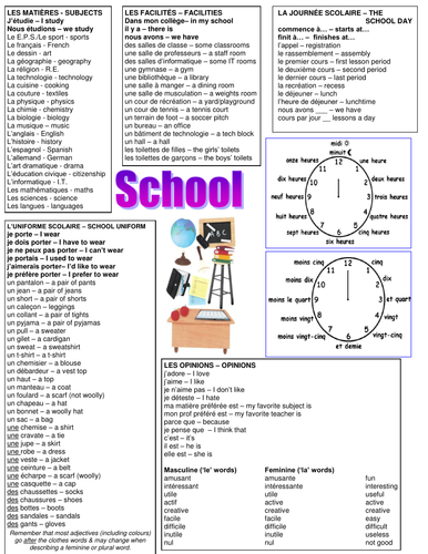 Vocab sheet for describing school life