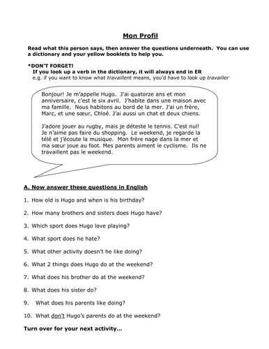 Describing self and family - reading practice