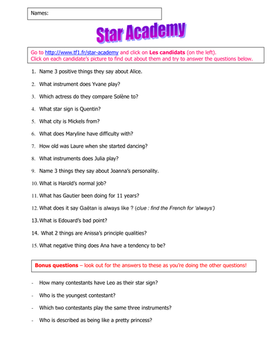 Star Academy - reading about the contestants