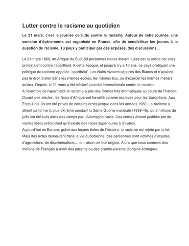 Article discussing results of survey about racism