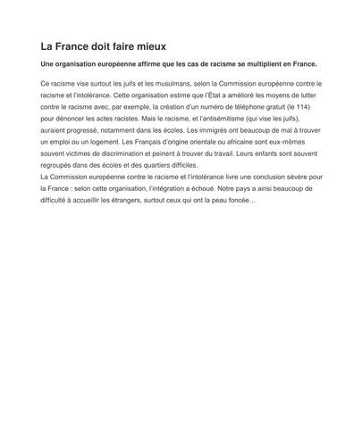 Article: an increase in racist incidents in France