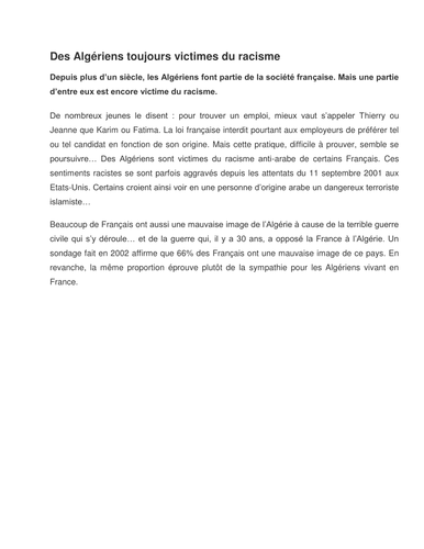 Article on racism against Algerians in France
