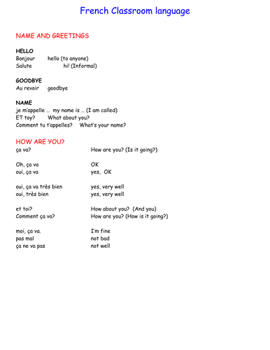 French games; songs; and classroom language