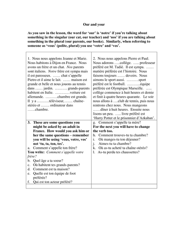 Notre; nos; votre; vos