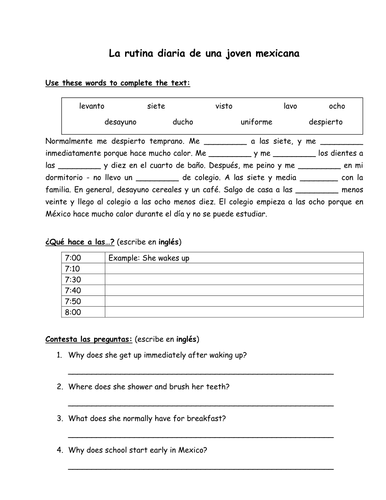 La rutina diaira (gapfill and questions)