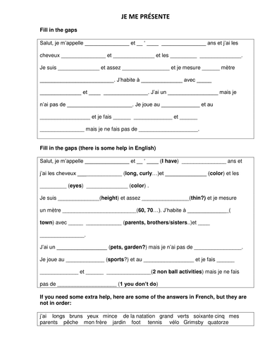 je me présente gapfill
