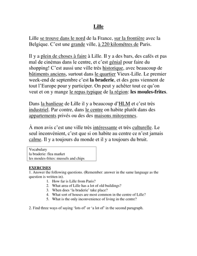 Describing a town handout (Lille)