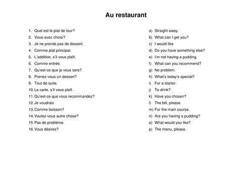 Au restaurant - reading task