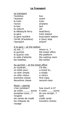 Vocab handout on transport & buying tickets